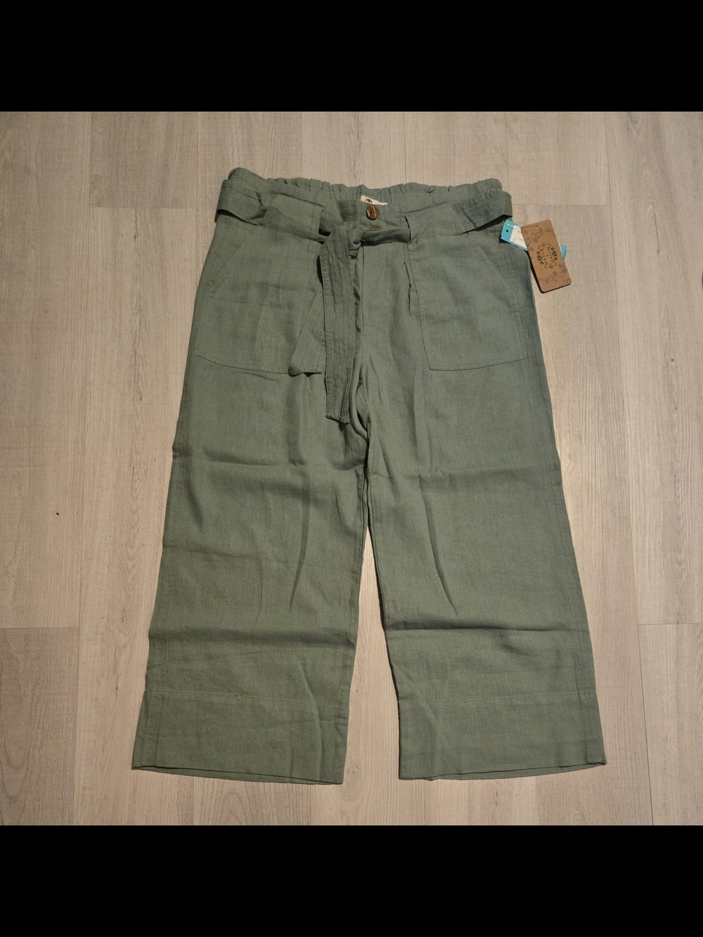 Mason & Belle Paperbag Waist Olive Cropped Wide-Leg Pants Linen Blend